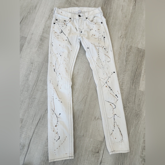 Vintage True Religion Jeans 28x33 Paint Splattered Distressed Skinny Allover